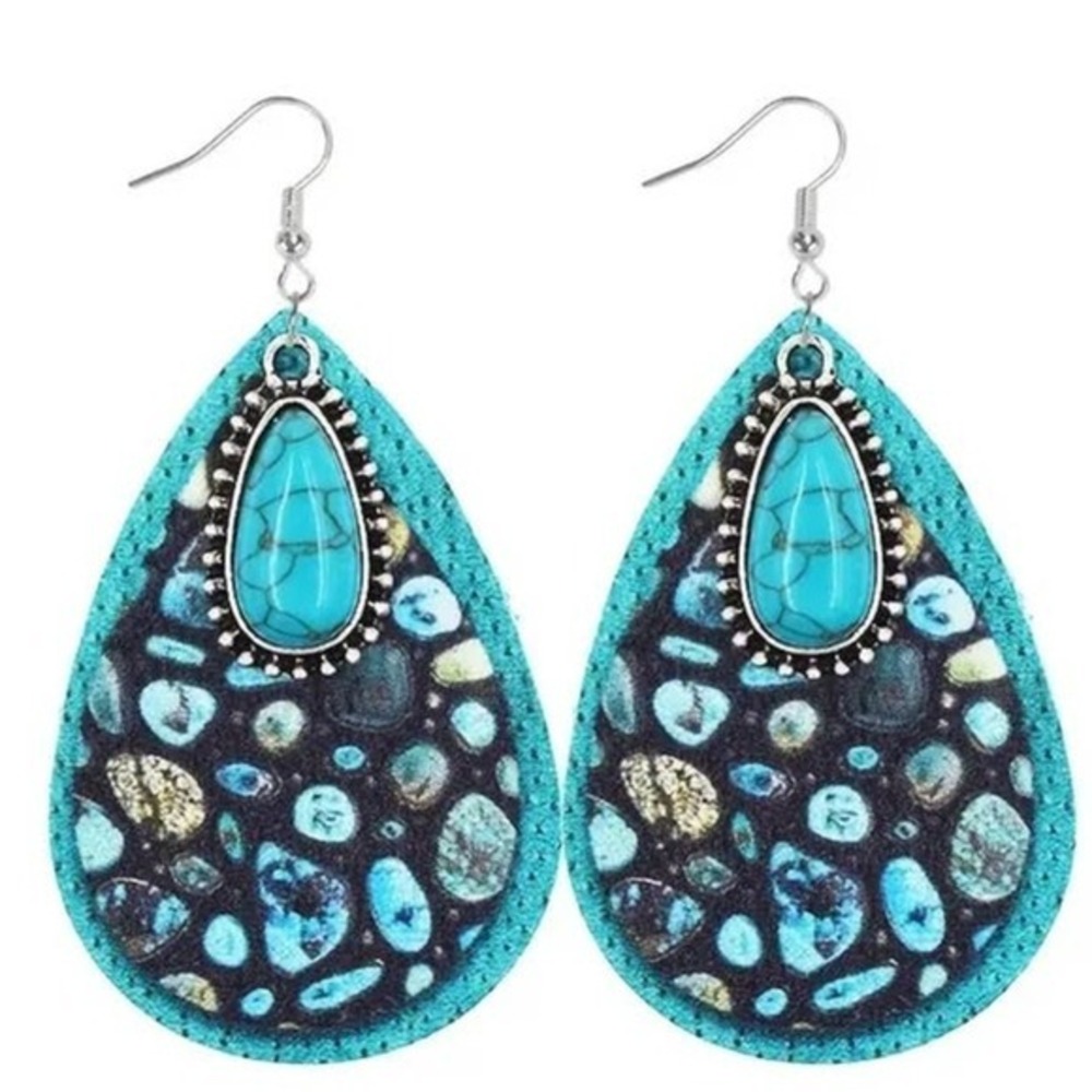 Vintage Bohemian Pine Stone Teardrop Earrings Colorful Charms